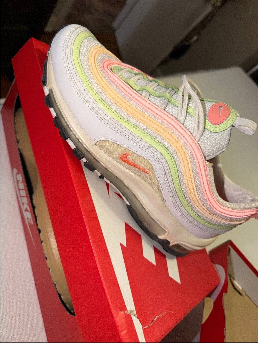 Nike womens Air Max 97 Sneakers - White with Pastel Pink & Green size 9